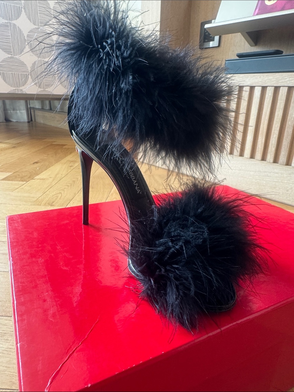 Dolce & Gabbana Black Ostrich Feather Double-Band Slide Heel - Picture 3 of 5